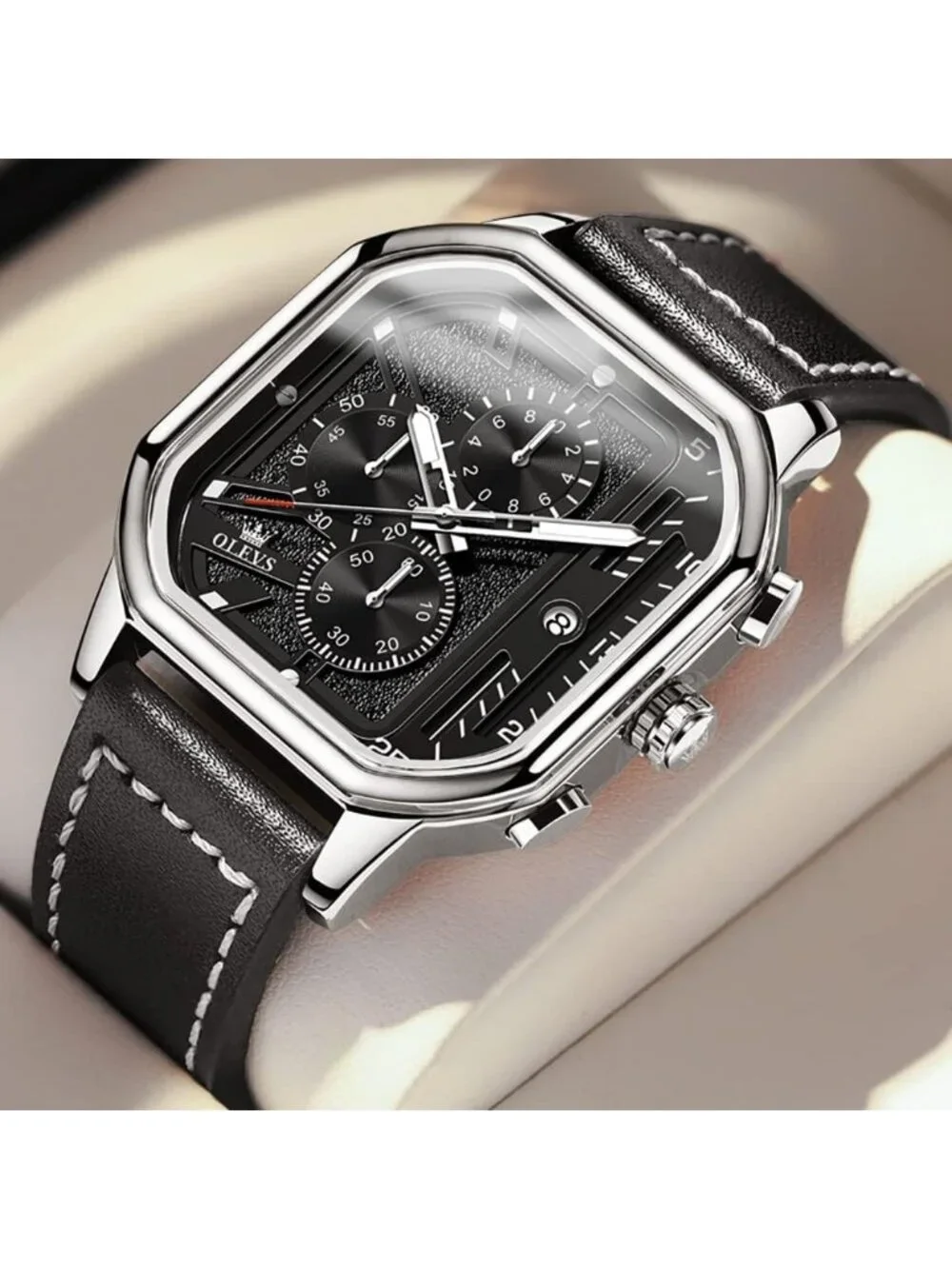 Men's Black Quartz Leather Strap Waterproof Casual Square Dial Wrist Watch